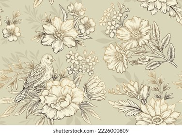 Luxury organic seamless pattern. Repeat elegant template with golden flowers, roses, leaves and birds. Design element for wallpaper or printing on fabric and textiles. Cartoon flat vector illustration