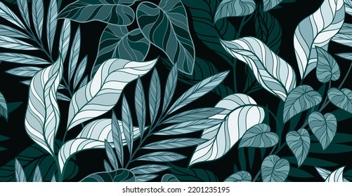 Luxury organic seamless pattern. Repeating elegant template with tropical or exotic plants, palm leaves and branches. Design element for wallpaper and print on fabric. Cartoon flat vector illustration
