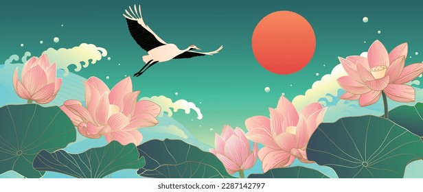 Luxury oriental flower background vector. Elegant pink lotus flowers golden line art with sea wave line pattern and crane bird. Chinese and Japanese design for wallpaper, poster, banner, card.