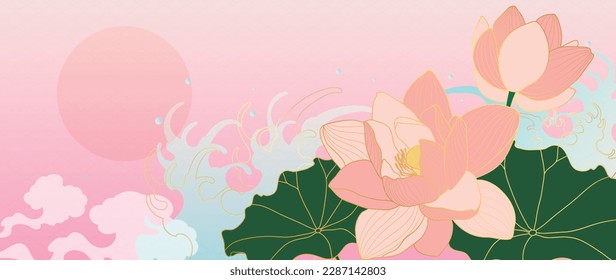 Luxury oriental flower background vector. Elegant pink lotus flowers golden line art with sea wave line pattern and japanese pattern. Chinese and Japanese design for wallpaper, poster, banner, card.