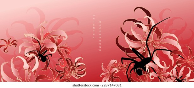 Luxury oriental flower background vector. Elegant black spider and spider lily golden line art on red background. Floral pattern design illustration for decoration, wallpaper, poster, banner, card. svg