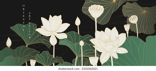 Luxury oriental flower background vector. Elegant white lotus flowers golden line art, leaves, gradient color. Japanese and Chinese illustration Design for decor, wallpaper, poster, banner, card.