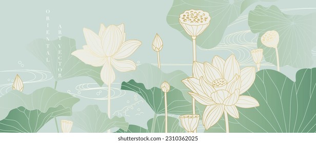 Vector de fondo de flores oriental de lujo. Elegante loto blanco flores de línea dorada arte, hojas, color gradiente. Ilustración japonesa y china Diseño para la decoración, papel pintado, afiche, pancarta, tarjeta.