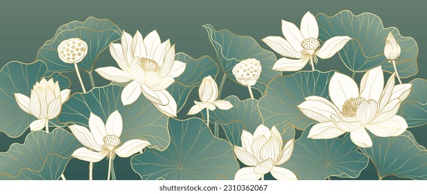 Luxury oriental flower background vector. Elegant white lotus flowers golden line art, leaves, gradient color. Japanese and Chinese illustration Design for decor, wallpaper, poster, banner, card.