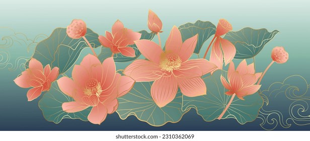 Luxury oriental flower background vector. Elegant red lotus flowers golden line art, leaves, gradient color. Japanese and Chinese illustration Design for decor, wallpaper, poster, banner, card.