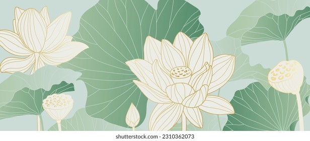Luxury oriental flower background vector. Elegant white lotus flowers golden line art, leaves, gradient color. Japanese and Chinese illustration Design for decor, wallpaper, poster, banner, card.