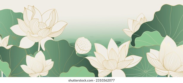 Vector de fondo de flores oriental de lujo. Elegante loto blanco flores de línea dorada arte, hojas, color gradiente. Ilustración japonesa y china Diseño para la decoración, papel pintado, afiche, pancarta, tarjeta.