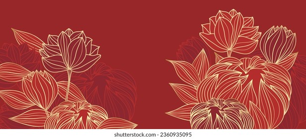 Luxury oriental flower background vector. Elegant peony flowers and leaves golden line art on red background. Floral pattern design illustration for decoration, wallpaper, poster, banner, card.