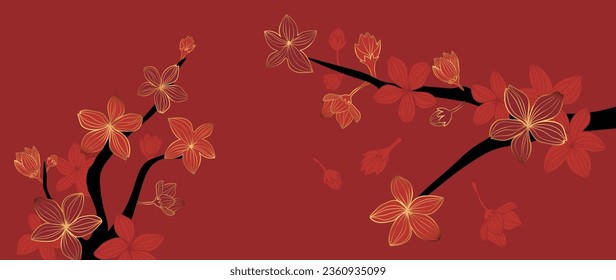 Luxury oriental flower background vector. Elegant cherry blossom flower golden line art on red background. Floral pattern design illustration for decoration, wallpaper, poster, banner, card.