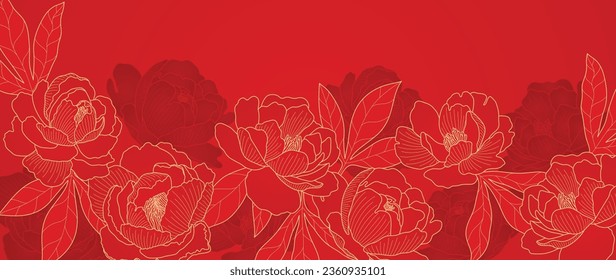 Luxury oriental flower background vector. Elegant peony flowers and leaves golden line art on red background. Floral pattern design illustration for decoration, wallpaper, poster, banner, card.