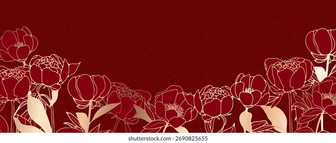 Vector de fondo de flores orientales de lujo. Elegantes flores de peonía y hojas de línea dorada sobre fondo rojo. 