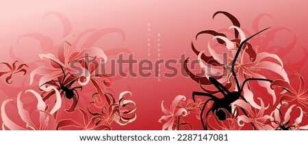 Luxury oriental flower background vector. Elegant black spider and spider lily golden line art on red background. Floral pattern design illustration for decoration, wallpaper, poster, banner, card.