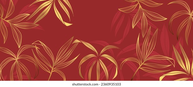 Luxuriöser orientalischer Blatthintergrund, Vektorgrafik. Eleganter Bambus hinterlässt goldene Linienkunst auf rotem Hintergrund. Blumenmuster Design-Illustration für Dekoration, Tapete, Poster, Banner, Karte.