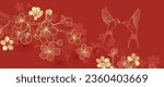 Luxury oriental japanese pattern background vector. Elegant swallow bird and peony flower golden line art on red background. Design illustration for decoration, wallpaper, poster, banner, card.