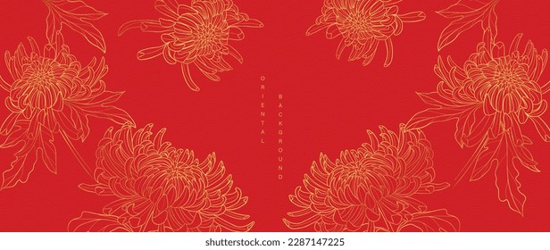 Luxury oriental japanese pattern background vector. Elegant mum flower and leaves golden line art on red background. Floral pattern design illustration for decoration, wallpaper, poster, banner, card.