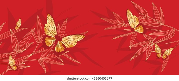 Luxury oriental japanese pattern background vector. Elegant butterflies and bamboo leaf golden line art on red background. Design illustration for decoration, wallpaper, poster, banner, card.