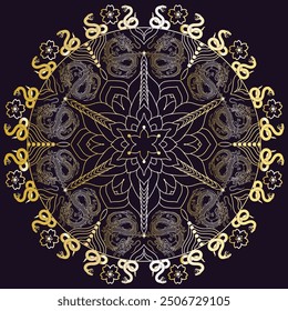 Luxury Oriental Mandala with Golden Dragons, Snakes and Cherry Blossoms