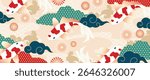Luxury oriental pattern background vector. Chinese and Japanese oriental line art with sea wave, koi fish, cherry blossom, cloud. Elegant ocean landscape illustration design for wall art, wallpaper.