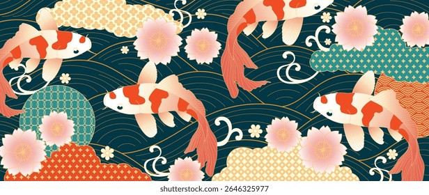 Luxury oriental pattern background vector. Chinese and Japanese oriental line art with sea wave, koi fish, cherry blossom, cloud. Elegant ocean landscape illustration design for wall art, wallpaper.