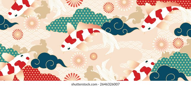 Luxury oriental pattern background vector. Chinese and Japanese oriental line art with sea wave, koi fish, cherry blossom, cloud. Elegant ocean landscape illustration design for wall art, wallpaper.