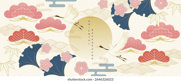 Luxury oriental pattern background vector. Chinese and Japanese oriental line art with crane bird, cherry blossom, cloud, ginkgo leaf. Elegant illustration design for wallpaper, interior, packaging.