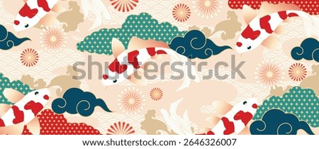 Luxury oriental pattern background vector. Chinese and Japanese oriental line art with sea wave, koi fish, cherry blossom, cloud. Elegant ocean landscape illustration design for wall art, wallpaper.