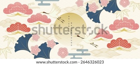 Luxury oriental pattern background vector. Chinese and Japanese oriental line art with crane bird, cherry blossom, cloud, ginkgo leaf. Elegant illustration design for wallpaper, interior, packaging.