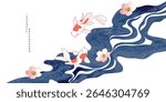 Luxury oriental river background vector. Chinese and Japanese wallpaper pattern design of watercolor sea wave, koi fish, cherry blossom. Design illustration for decoration, banner, interior.