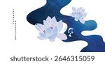Luxury oriental river background vector. Chinese and Japanese wallpaper pattern design of lotus flower, sea wave,watercolor, line art. Design illustration for decoration, wall decor, banner, interior.