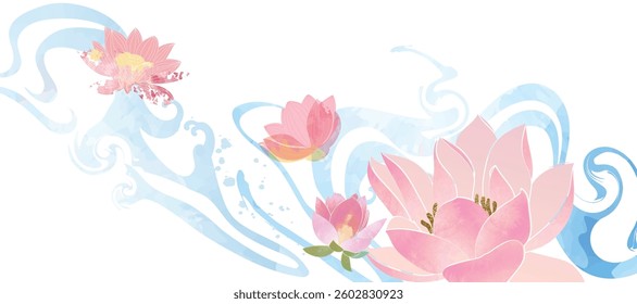 Luxury oriental river background vector. Chinese and Japanese wallpaper pattern design of lotus flower, sea wave,watercolor, line art. Design illustration for decoration, wall decor, banner, interior.