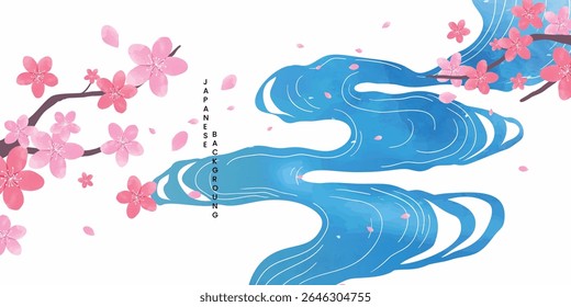 Luxury oriental river background vector. Chinese and Japanese wallpaper pattern design of blue watercolor sea wave, cherry blossom. Design illustration for decoration, wall decor, banner, interior.