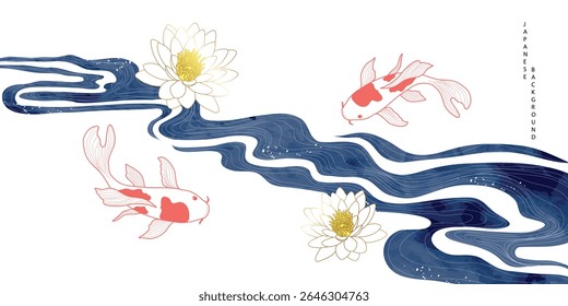 Luxury oriental river background vector. Chinese and Japanese wallpaper pattern design of watercolor sea wave, koi fish, lotus flower. Design illustration for decoration, wall decor, banner, interior.
