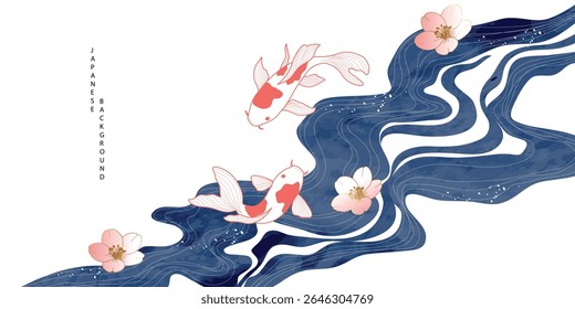 Luxury oriental river background vector. Chinese and Japanese wallpaper pattern design of watercolor sea wave, koi fish, cherry blossom. Design illustration for decoration, banner, interior.