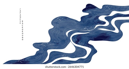 Luxury oriental river background vector. Chinese and Japanese wallpaper pattern design of landscape, sea wave, watercolor, line art. Design illustration for decoration, wall decor, banner, interior.