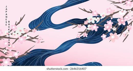 Luxury oriental river background vector. Chinese and Japanese wallpaper pattern design of sea wave, watercolor, cherry blossom, line art. Design illustration for decoration, banner, wall interior.