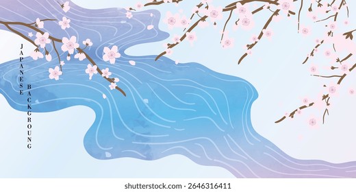 Luxury oriental river background vector. Chinese and Japanese wallpaper pattern design of sea wave, watercolor, cherry blossom, line art. Design illustration for decoration, banner, wall interior.