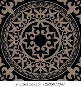 Luxury Oriental seamless square golden black vector pattern with circular damask ornament, arabesque and floral elements. Seamless gold abstract background. Square tile. Vector Illustration. 