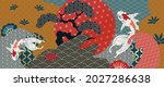 Luxury oriental style background vector. Japanese oriental line art with golden texture. Wallpaper design with Sakura flower, Ocean wave and koi carp fish. Vector illustration.