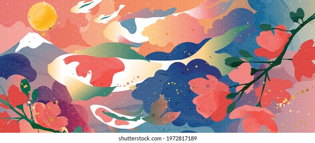 Luxury oriental style background vector. Japanese oriental line art with golden texture. Wallpaper design with Sakura flower and koi carp fish on Mount Fuji. Vector illustration.