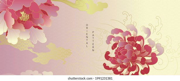 Luxury oriental style background vector. Chinese and Japanese oriental line art with golden texture. Wallpaper design with peony flower and Ocean and wave wall art. Vector illustration.