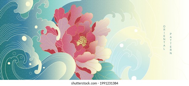 Luxury Oriental Style Background Vector. Chinese And Japanese Oriental Line Art With Golden Texture. Wallpaper Design With Peony Flower And Ocean And Wave Wall Art. Vector Illustration.