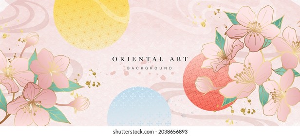 Luxury oriental style background vector. Chinese and Japanese oriental line art with golden texture. Wallpaper design with The sun and cherry blossom and Ocean and wave wall art. Vector illustration.