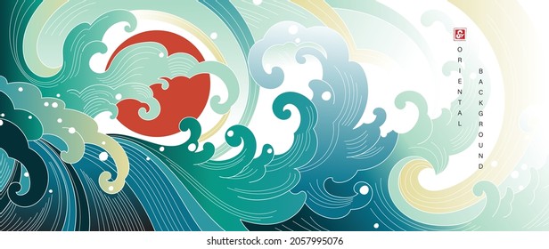 Luxury Oriental Style Background Vector. Ocean Wave And Sun Wallpaper Design With Japanese Style Line Art. Traditional Japanese Wave For Wall Arts, Prints And Home Decoration.