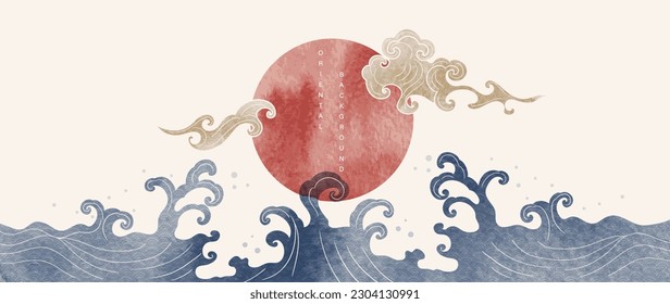 Luxury oriental style background vector. Chinese and Japanese wallpaper pattern design of landscape, sea wave, watercolor, line art. Minimal design illustration for decoration, wall decor, banner.