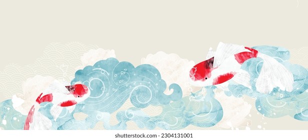 Luxury oriental style background vector. Chinese and Japanese wallpaper pattern design of koi fish, river, cloud, watercolor, line art. Minimal design illustration for decoration, wall decor, banner.