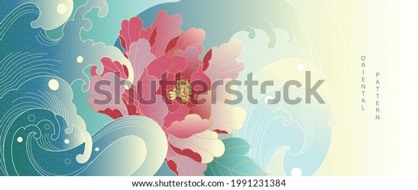 Luxury
oriental style background vector. Chinese and Japanese oriental
line art with golden texture. Wallpaper design with peony flower
and Ocean and wave wall art. Vector
illustration.