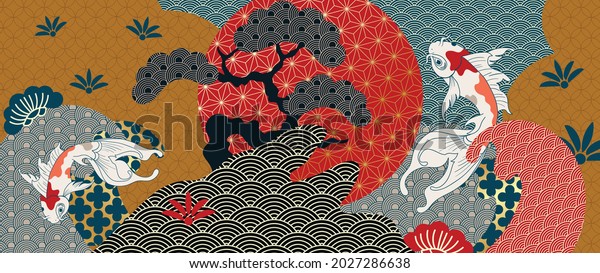 Luxury oriental style
background vector. Japanese oriental line art with golden texture.
Wallpaper design with Sakura flower, Ocean wave and koi carp fish.
Vector illustration.