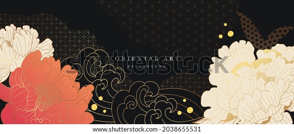 Luxury oriental style background vector.\
Chinese and Japanese oriental line art with black and golden\
texture. Wallpaper design with peony flower and Ocean and wave wall\
art. Vector\
illustration.