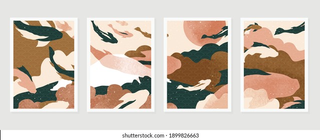 Luxury oriental style wall arts vector. Abstract arts design with Koi fish, Ocean, mountain, sun, moon texture texture and brush design for wallpaper, wall framed prints, canvas prints and home decor.