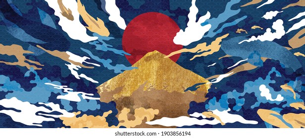 Vector de arte de pared de lujo de estilo oriental. Diseño artístico abstracto con peces Koi, Monte Fuji, Sol Rojo, nube, textura acuarela y diseño de pincel para papel pintado, huellas enmarcadas en la pared e impresiones de lienzo. 